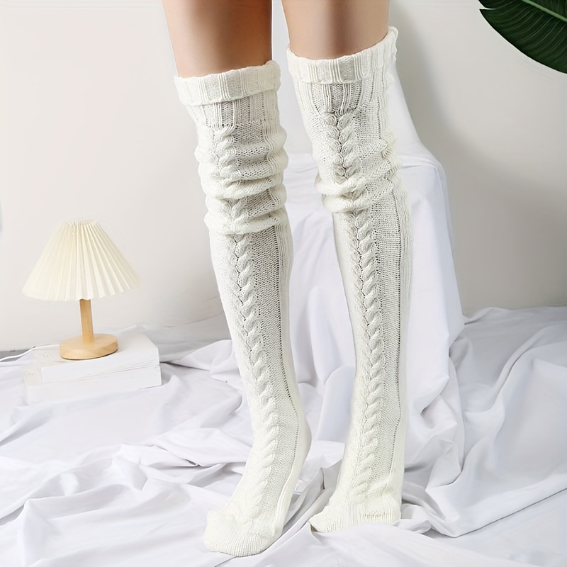 

Solid Knitted Thigh High Socks, Warm Over The Knee Socks, Women's Stockings & Hosiery