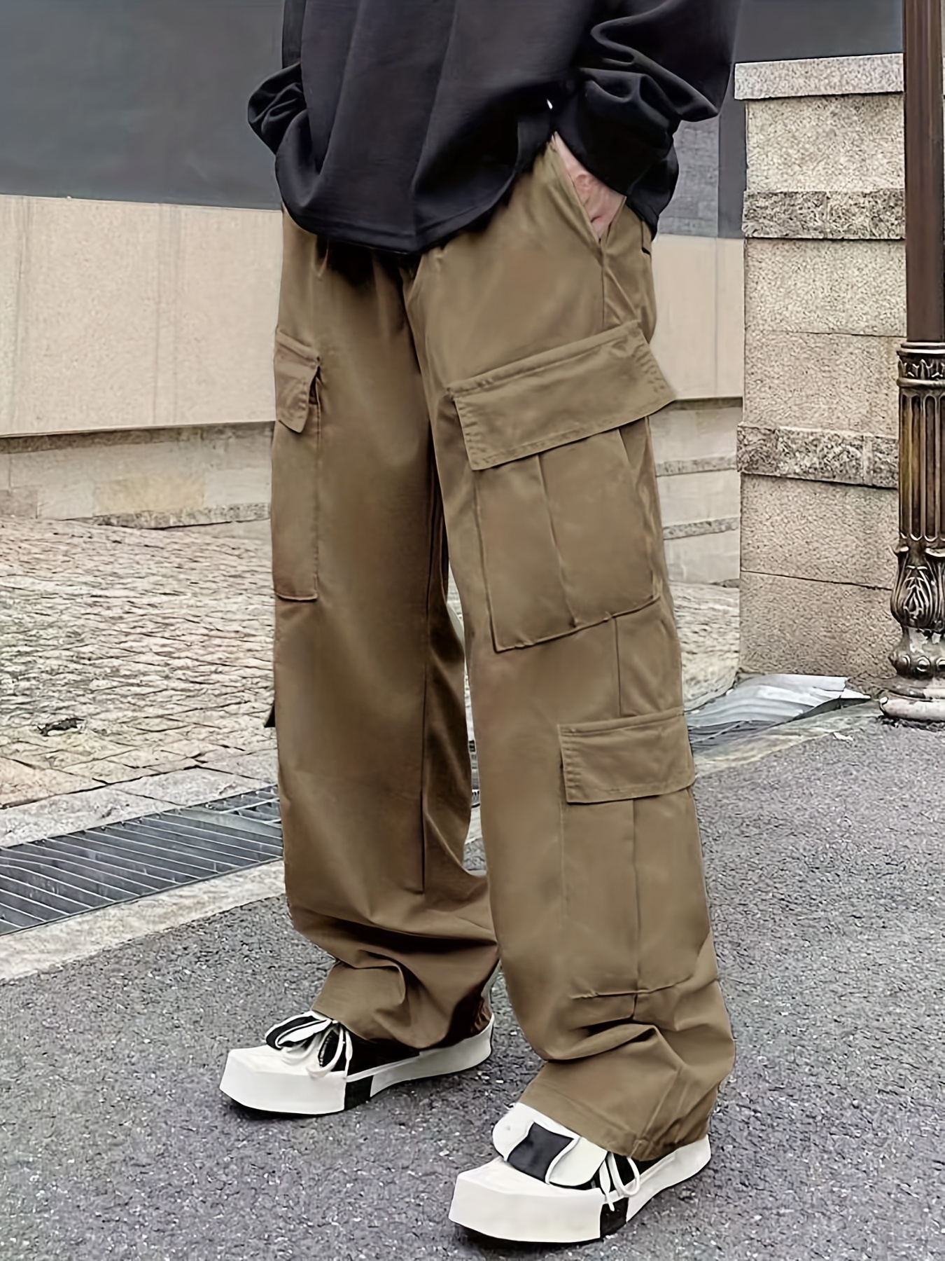 Solid Multi Flap Pockets Men's Straight Leg Cargo Pants - Temu Canada