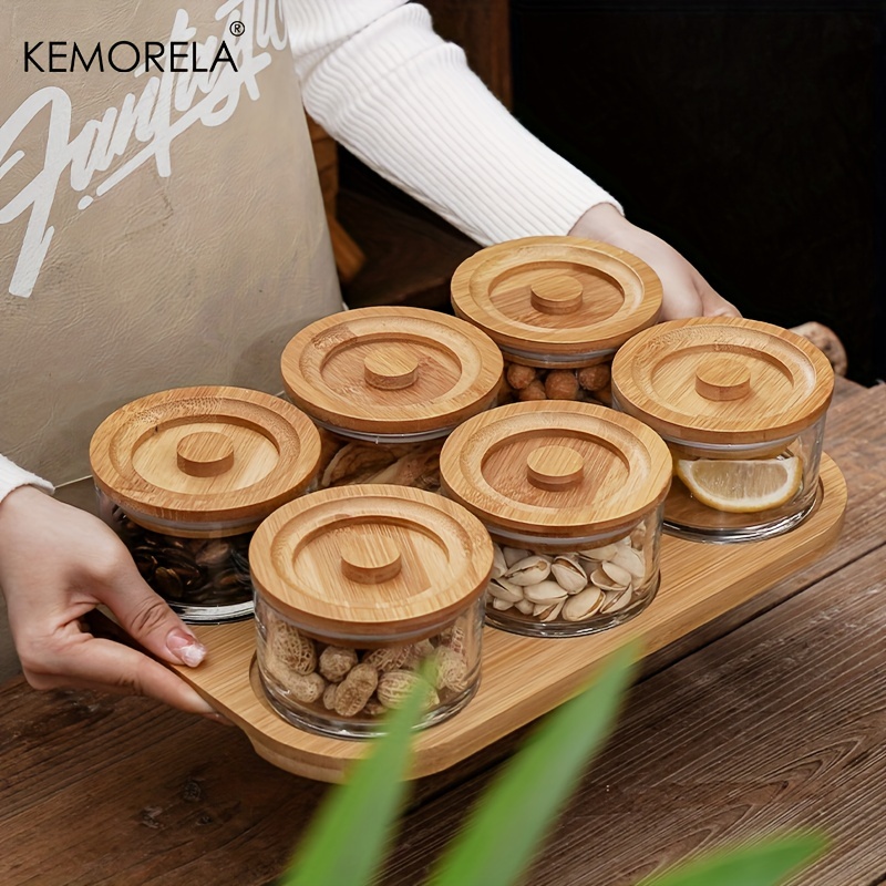 1 set bamboo and wood compartment snack bowl sealed moisture proof tea canisters with lid bamboo and wood lid glass bowl fruit bowl dessert bowl