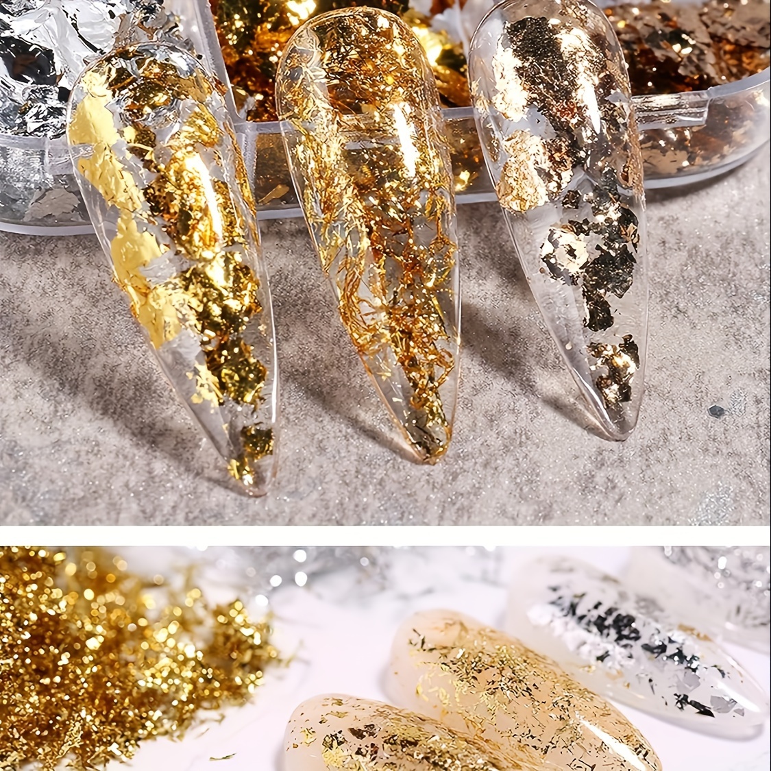 3D Holographic Nail Foil Glitters Kit, 3D Nails Acrylic Glitter Metallic  Shining Flakes, 6 Grids Metallic Golden Silver Aluminum Foil Glitter Powders