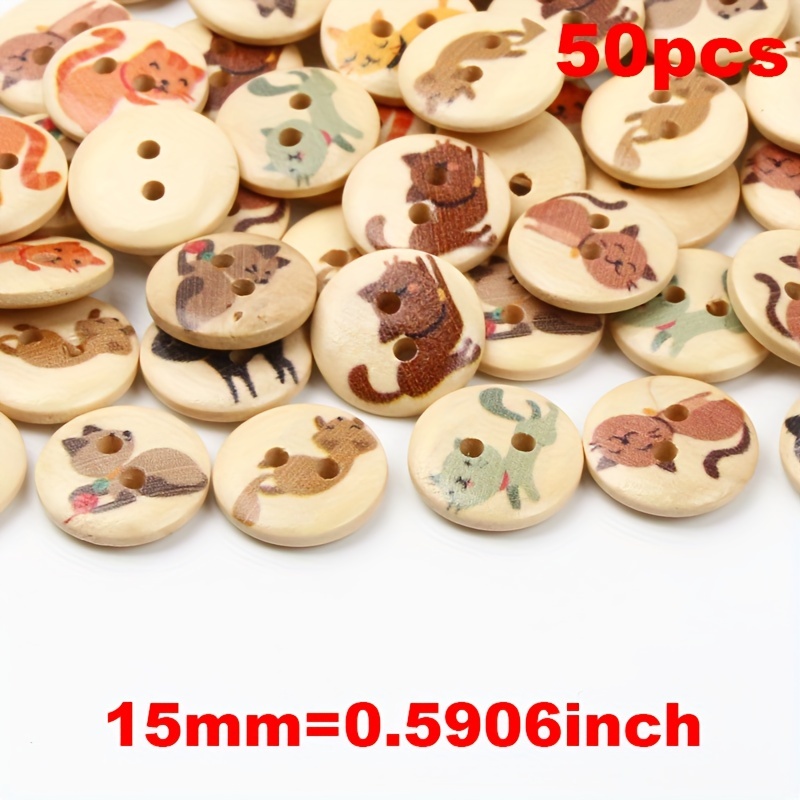 50pcs Whimsy Wooden Cat Pattern Buttons, 15mm Mixed Designs Decorative Beads For Crafting And Bag Embellishments, Buttons For Crafts