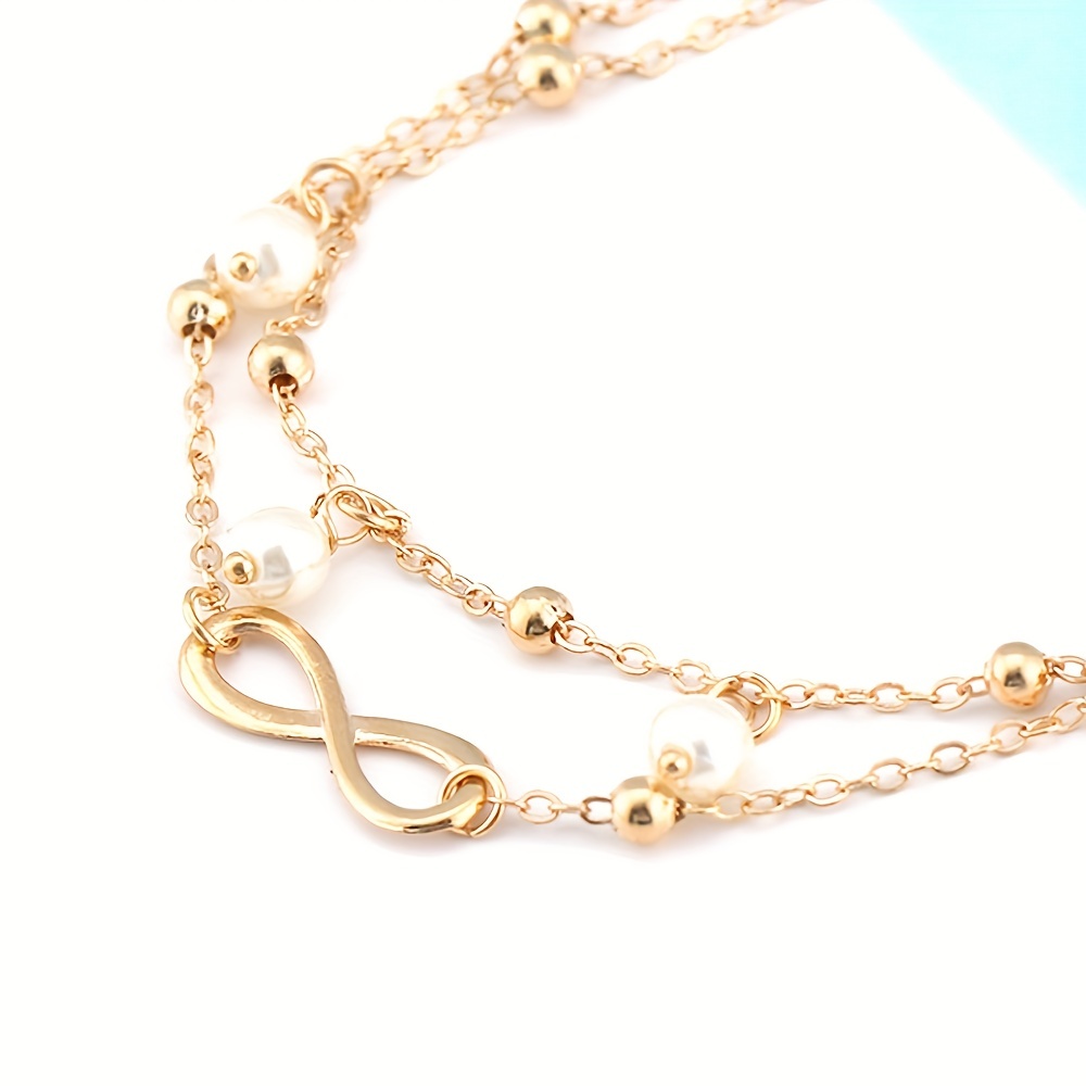 Men's Double Layer Anklet for Summer, 8 Shape Design, Pearl Accent