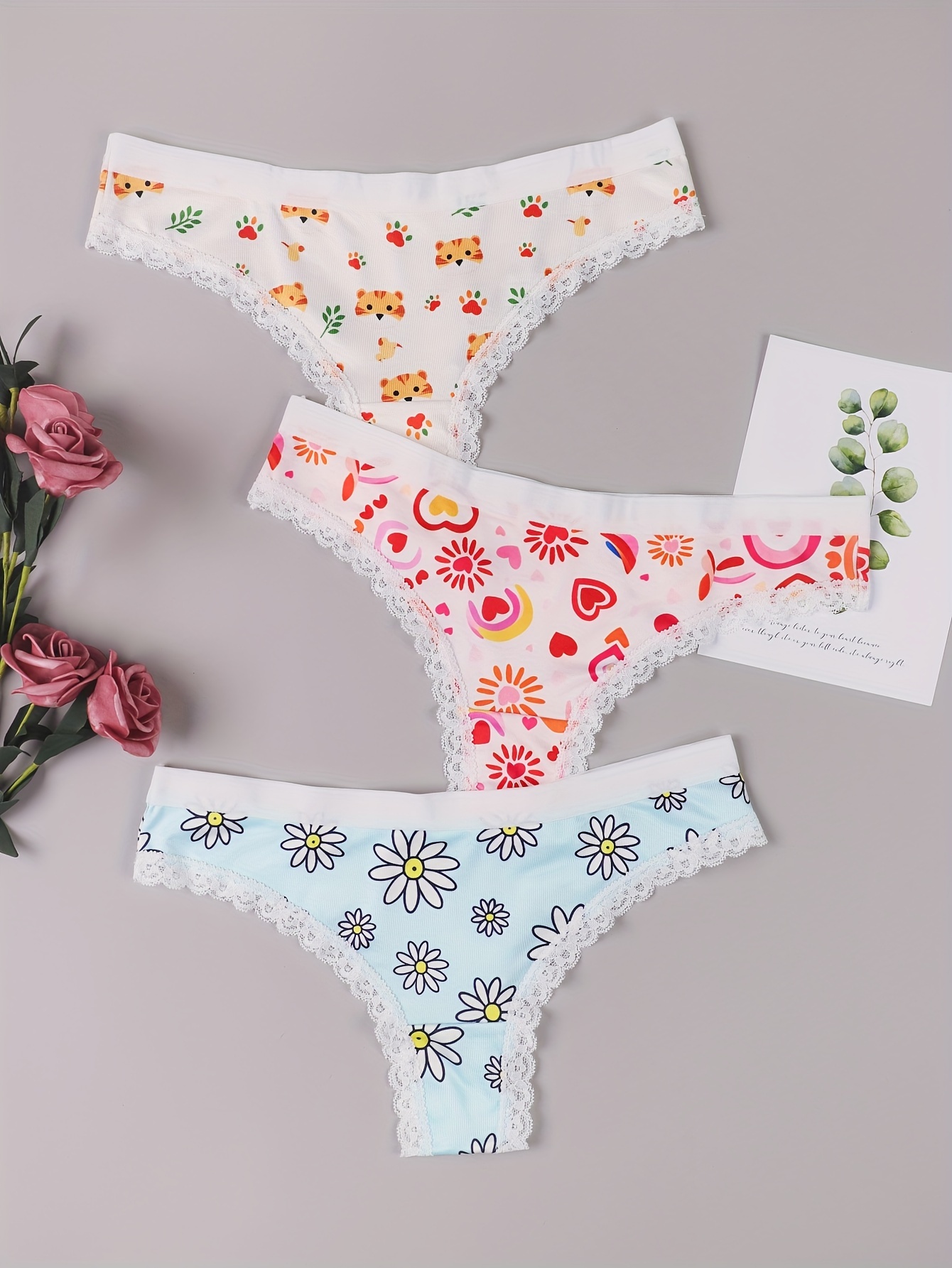 Floral Heart Print Thongs Soft Comfy Lace Trim Intimates - Temu