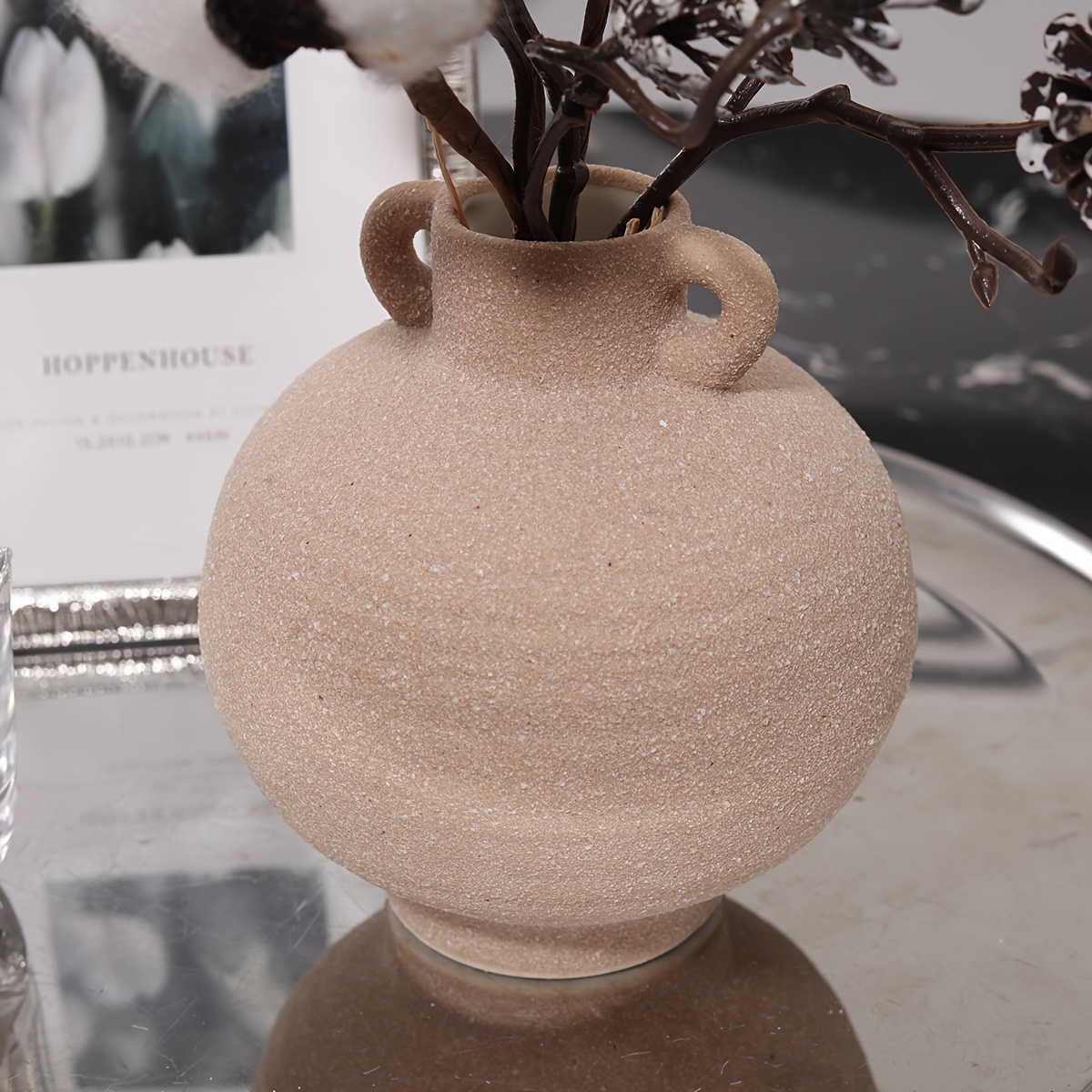 1pc ラウンド浅いコーヒー陶器土の花瓶、モダンなミニマリズム農家ボヘミアンルームの装飾、家の装飾のためのセラミック花瓶の飾り