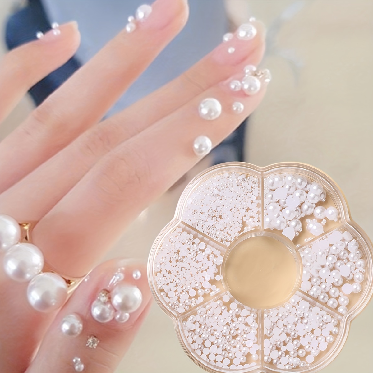 White Nail Art Tips Half Pearls Mix Size Rhinestone 3D Nail Beads  Decoration DIY