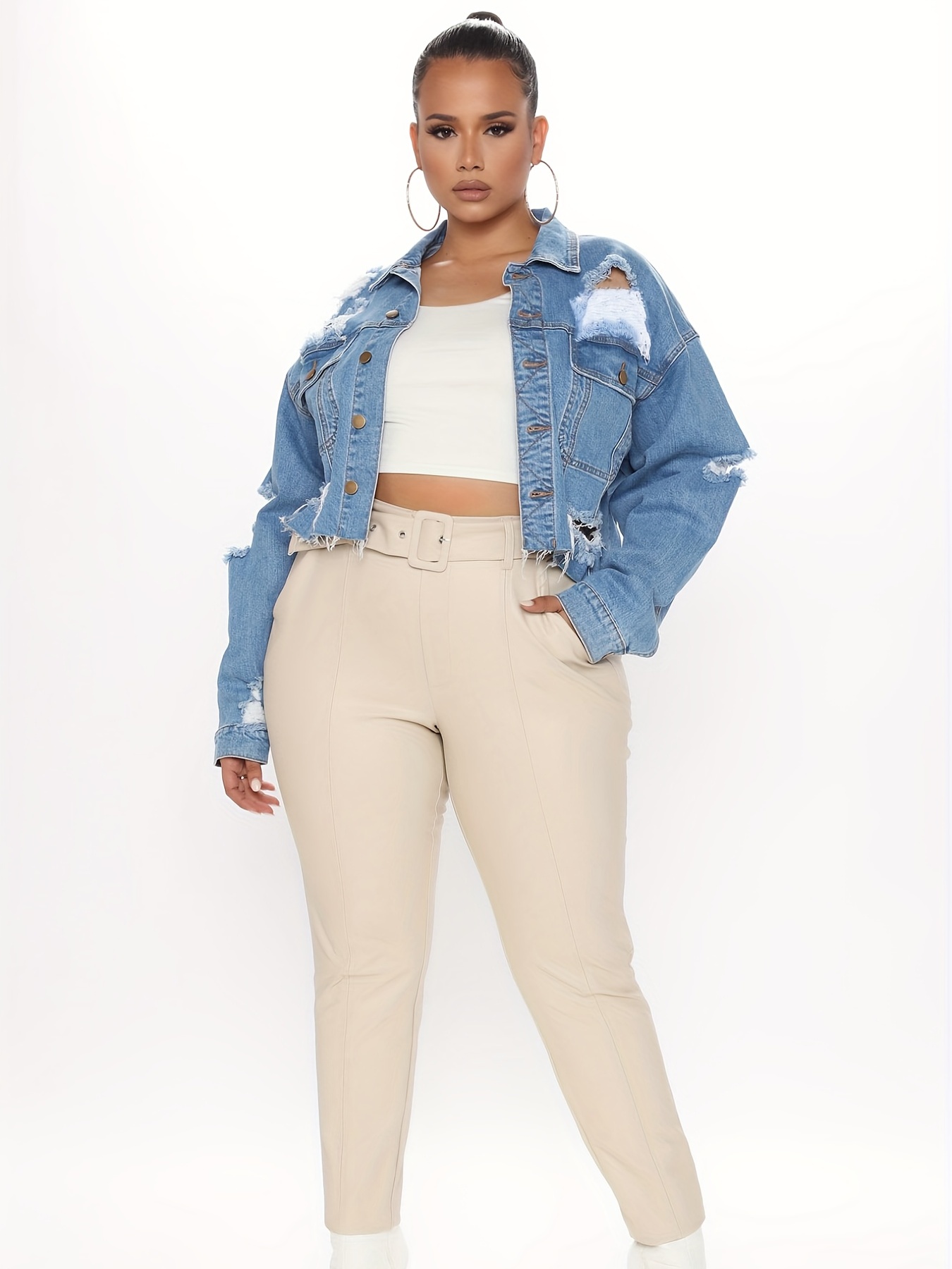 Blue Washed Ripped Holes Denim Jackets, Long Sleeves Hem Lapel Denim Coats,  Women's Denim Jeans & Clothing - Temu