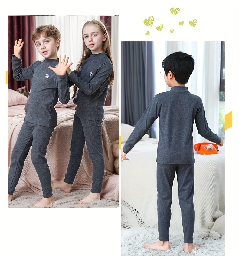 Teen Boys Pajama Sets Solid Color Crew Neck Long Sleeve Thermal Homewear  For Autumn & Winter