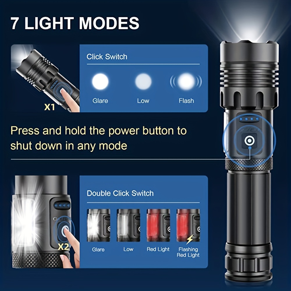 90000 Lumens Powerful Flashlight, USB Rechargeable Waterproof XHP70 Searchlight Super Bright 5 Modes LED Flashlight Zoom Bar Torch for Hiking Hunting