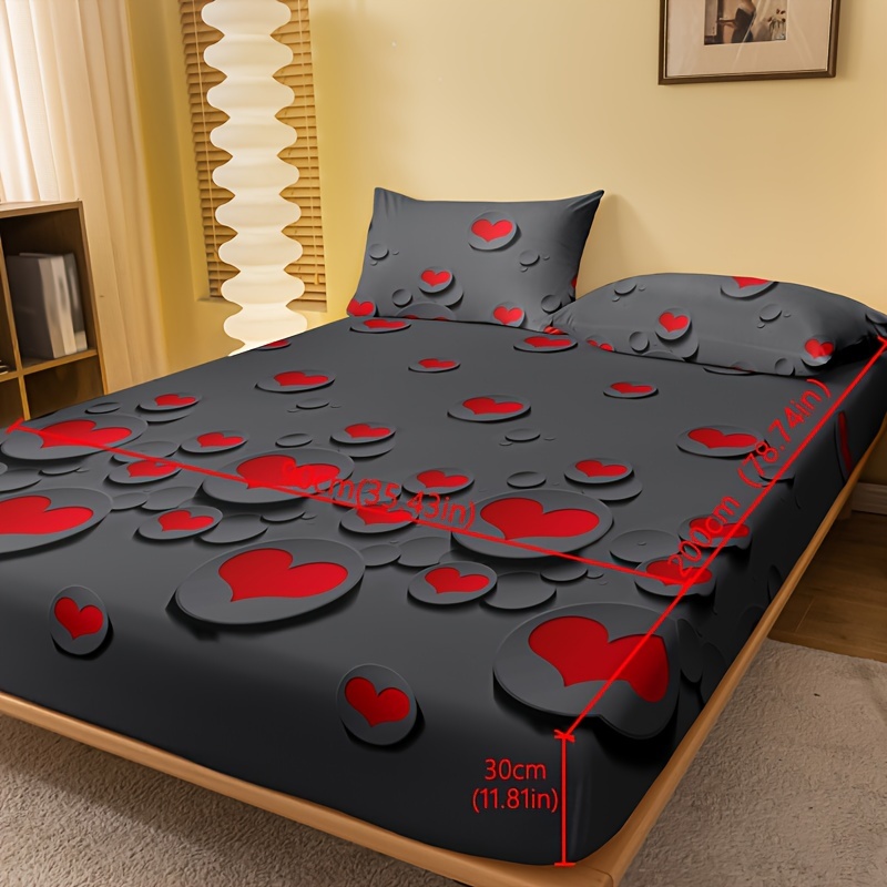 Brushed Fitted Sheet (without Pillowcase) Red Heart Print - Temu