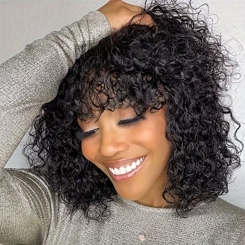 Short Afro Kinky Curly Wig with Bangs Human Hair Scalp Top Full Machine  Made Wig Remy Brazilian Afro Curly Wig Fringe 200Density