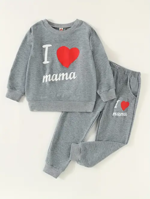 2-Piece I Love Mama Print Crew Neck Top Plus Jogger Pants Sets - Girls' Fall Pant Sets with Comfortable Fabric and Adorable Design