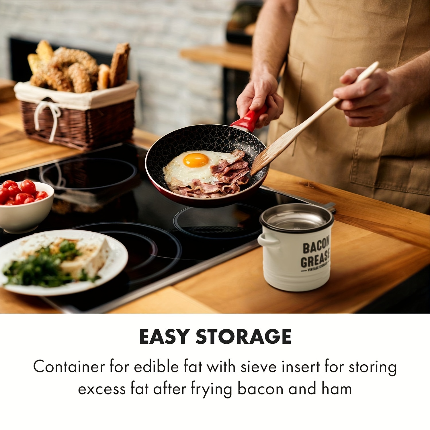 Ceramic Bacon Grease Container with Strainer,Grease Can with Filter,Cooking  Oil Filter;Oil Container,1.2L Grease Catcher for kitchen with