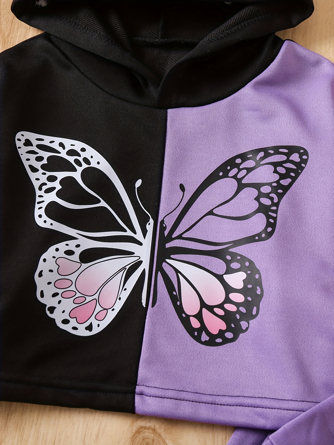 Girls Color Block Butterfly Print Crop Hoodie Long Sleeve - Temu