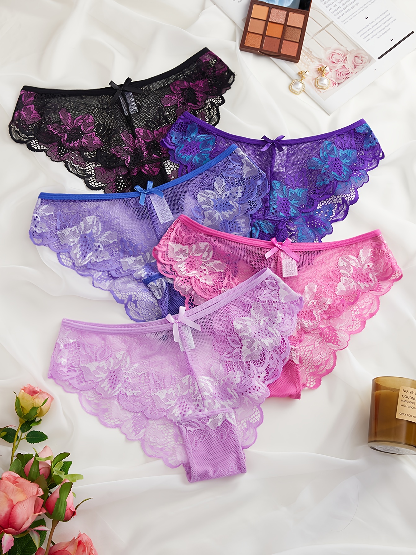 6pcs Floral Print Briefs, Comfy & Breathable Bow Tie Intimates Panties,  Women's Lingerie & Underwear