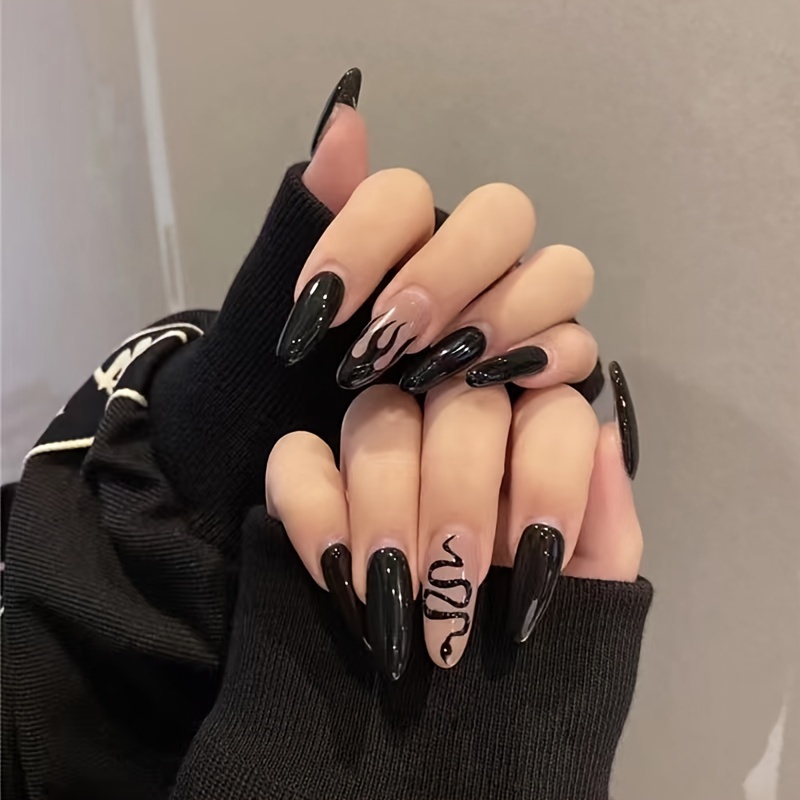 24pcs y2k press on nails ballerina almond fake nails with snake design long length false nails for women girls black red details 6