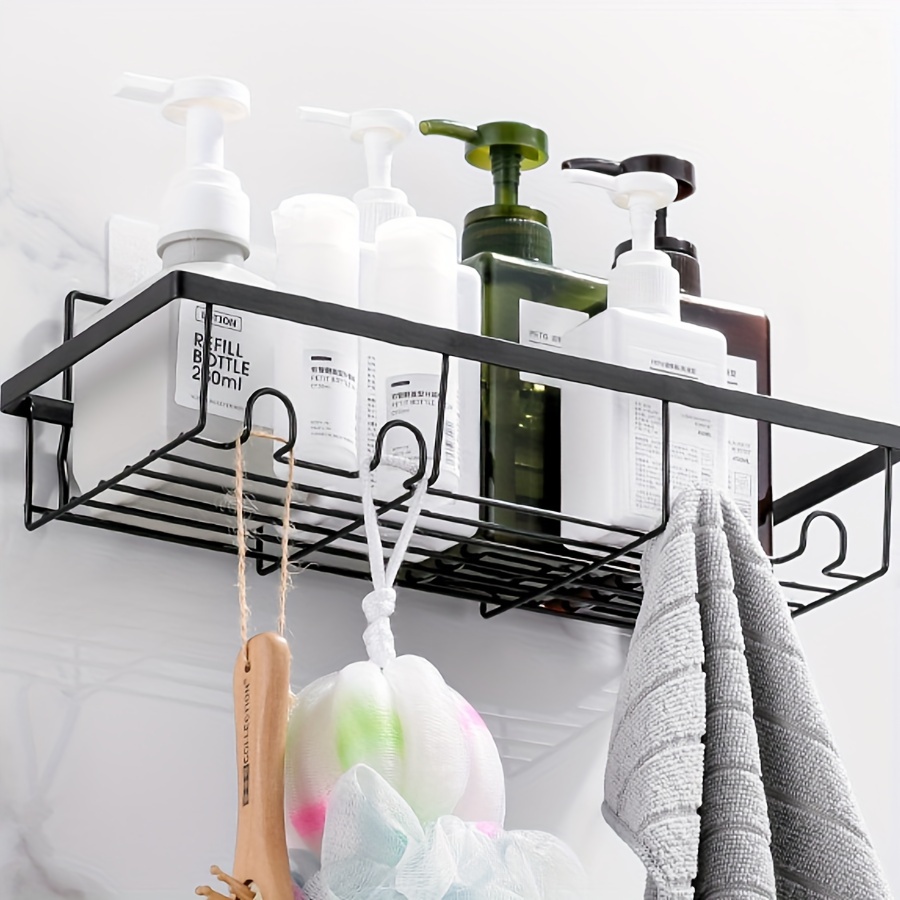 Shower Supplies Storage Rack With Hooks Self adhesive Black - Temu