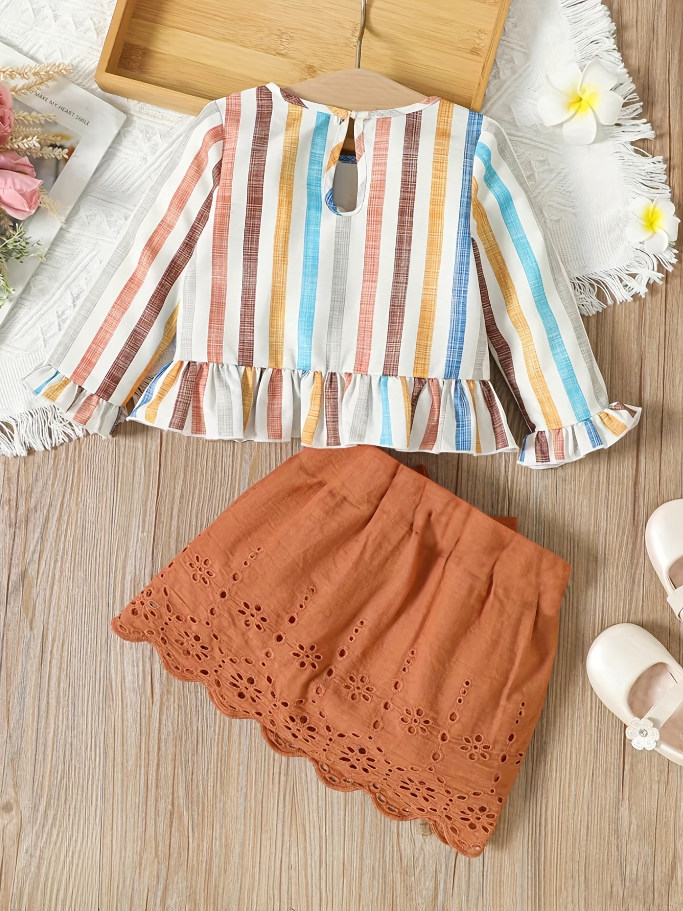2pcs Baby Girls Stylish Boho Style Outfits - Spring Autumn Striped * Cross  Long Sleeve Top & Belted Skirt Set With Hollow Out Design, Coquette S