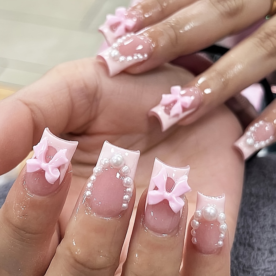 24pcs Press On Nails Medium Coffin Fake Nails White French Tip Ballerina  Acrylic Nails With 3D Bow And Pearl Design Glossy Sweet Valentine's Day  Glue