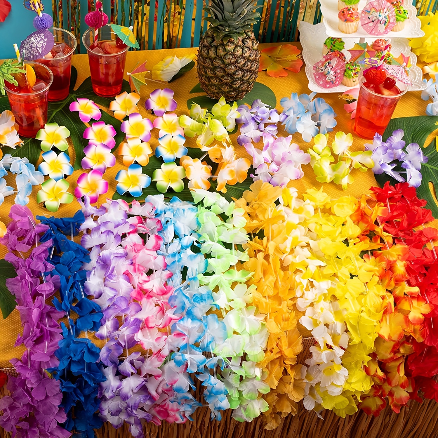  Collar hawaiano tropical, con 36 flores de seda, para fiestas  temáticas hawaianas, Luau, bodas, fiestas de cumpleaños, fiestas en la  playa, 36 unidades : Hogar y Cocina