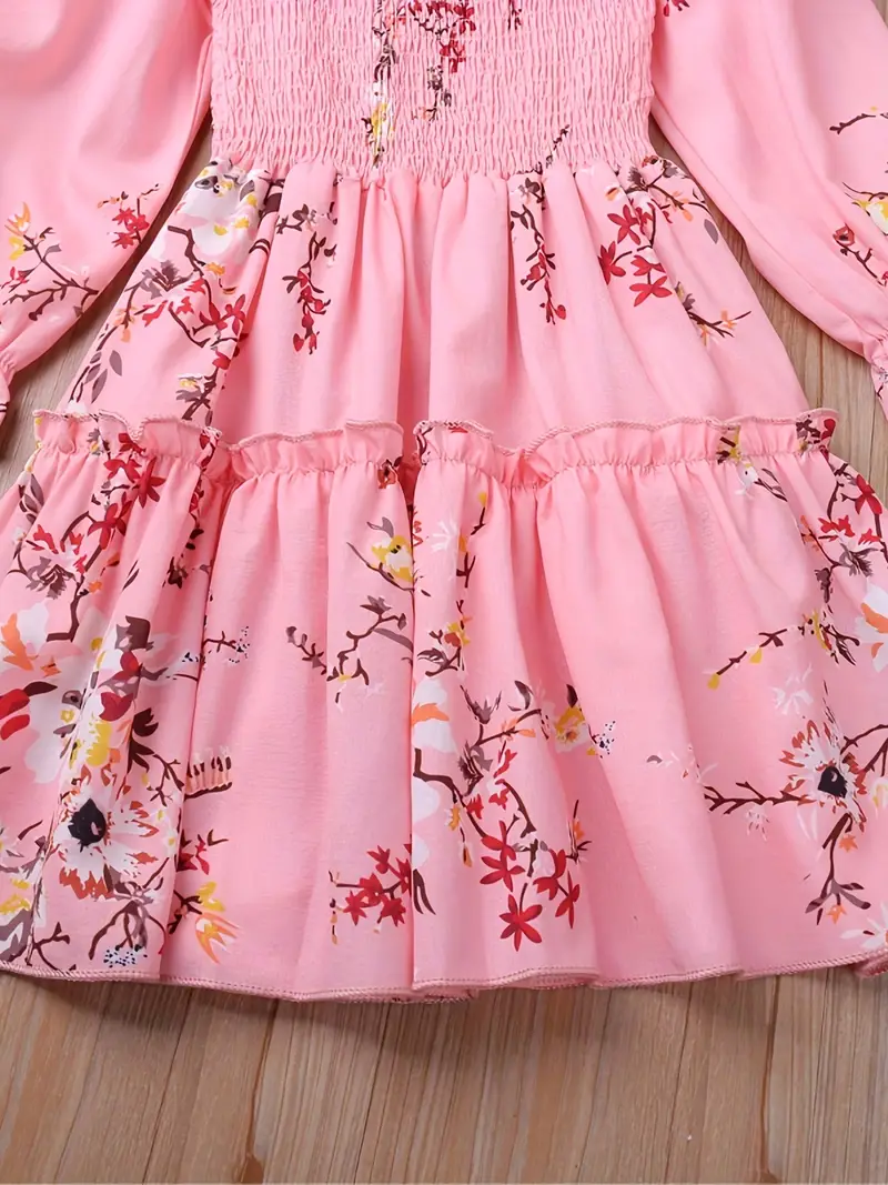 girls shirred flowers print long sleeve dress kids party holiday dress summer casual a line dresses details 3