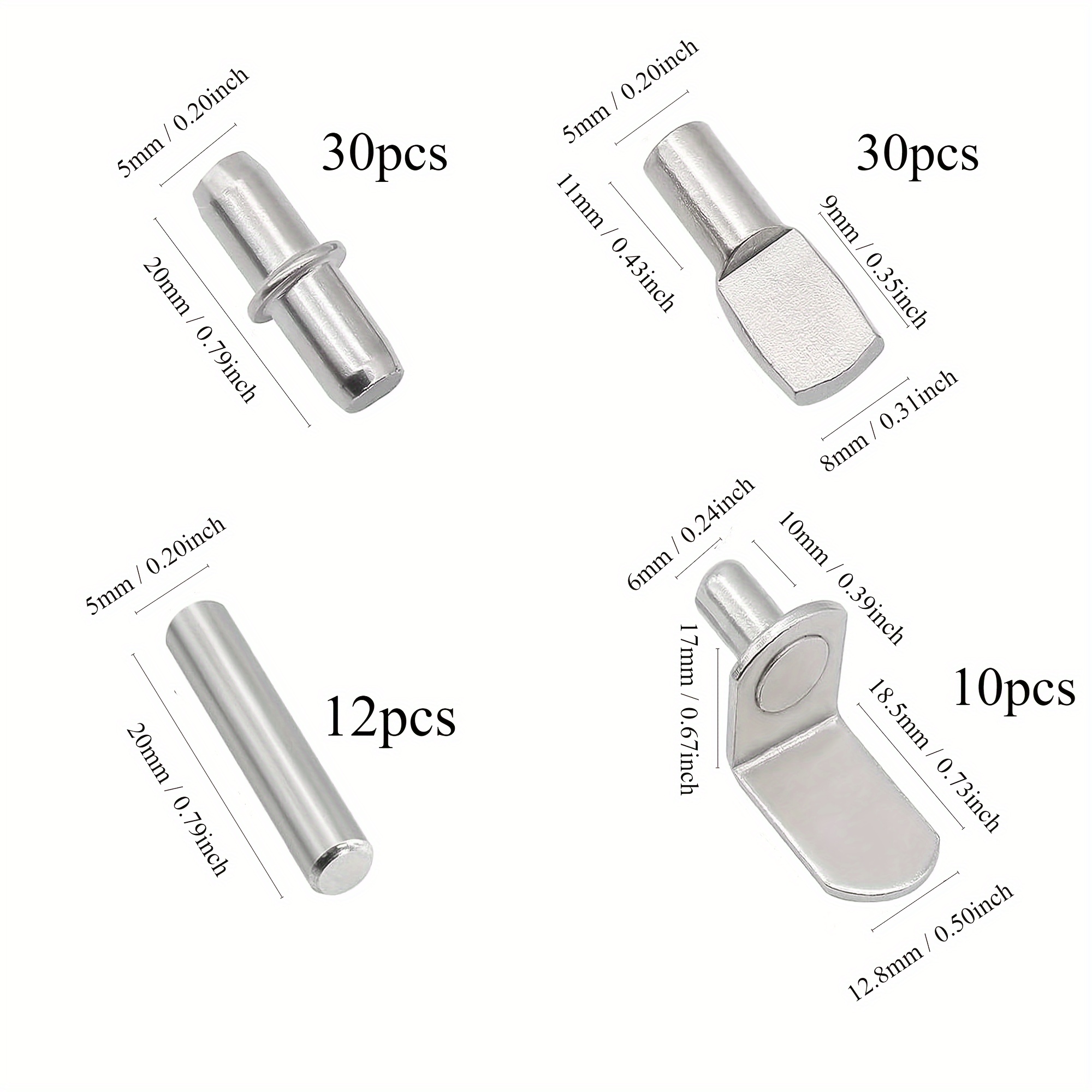 104Pcs Shelf Pins Kit,4 Styles Nickel Plated Shelf Support Pegs