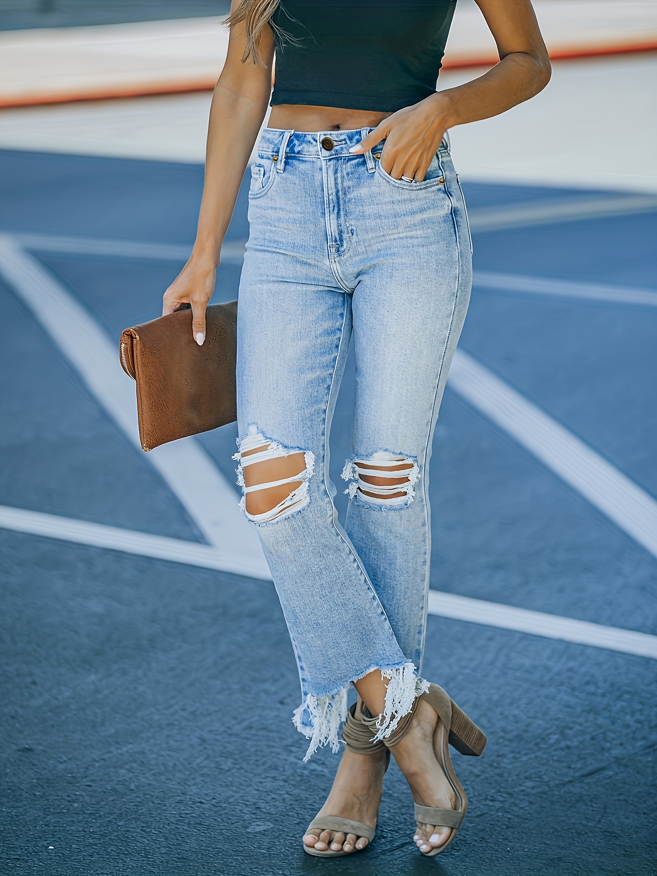 Light Blue Casual Bootcut Jeans, Mid-Stretch Slant Pockets High