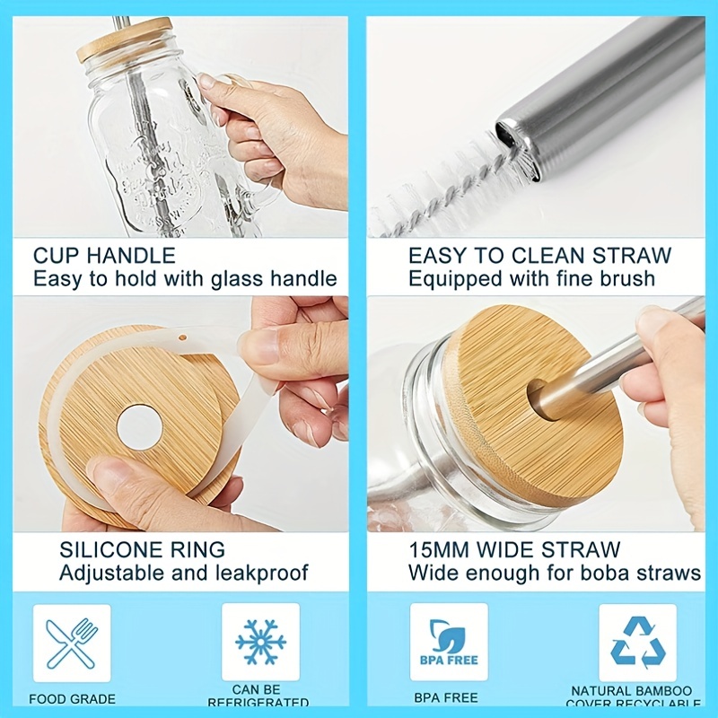 Reusable Glass Bottle With Bamboo Cover Straw And Brush - Temu