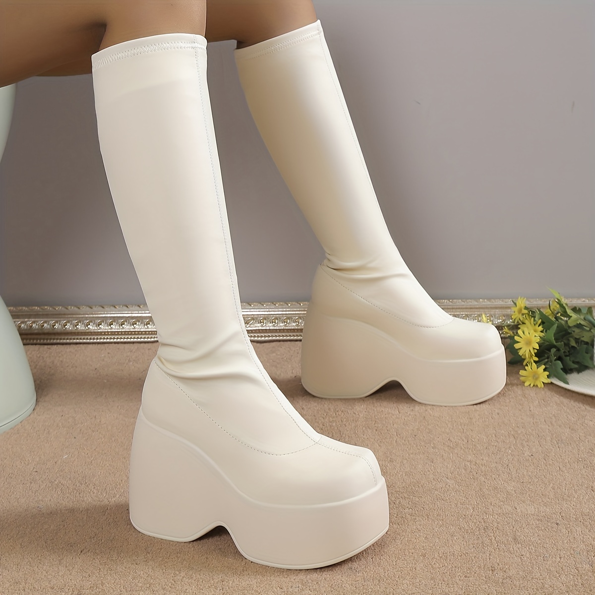 White Chunky Heel Platform Boots  White Platform Boots Fashion