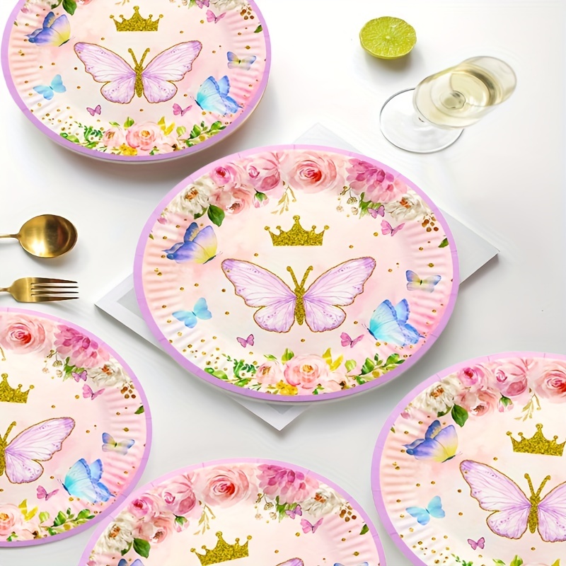 Ensemble, Printemps Rose Papillon Assiettes Fournitures De Fête Assiette En  Papier Jetable Vaisselle Pour Fête Prénatale Bébé Fille Fête