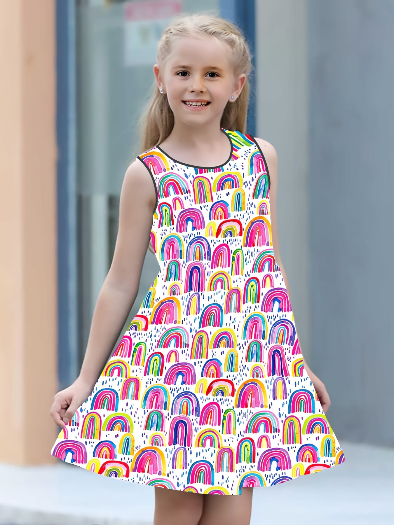 Girls Sleeveless Round Neck Rainbow Graphic Print Dress For Party Beach  Vacation Kids Summer Dress