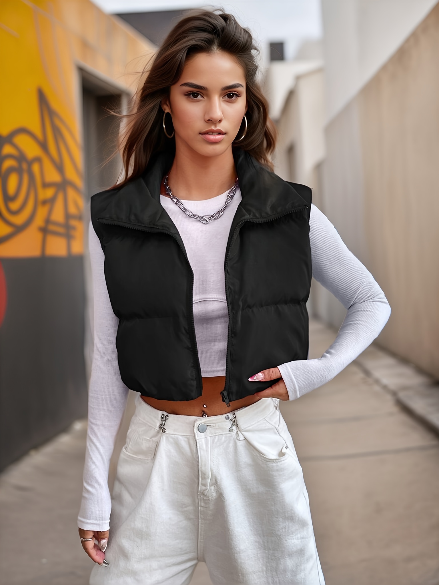 Women's Leather Vest Sleeveless Jacket Cotton-padded Coat Zipper
