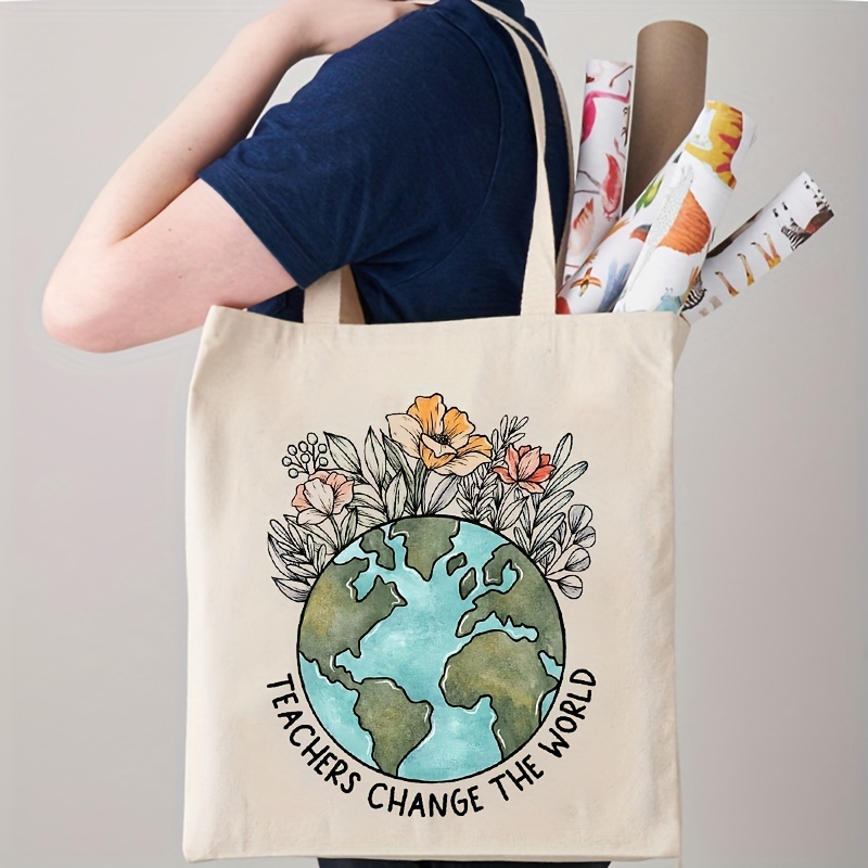 

Teachers Change The World Pattern Shopping Bag, Casual Canvas Shoulder Bag Handbag, Reusable Foldable Storage Tote Bag Handbag, Gift For Teacher
