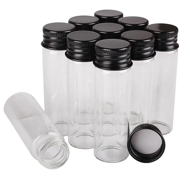 10pcs Set Botellas De Vidrio Con Tapas De Aluminio Negras, Pequeños Frascos  De Vidrio Mini, 8