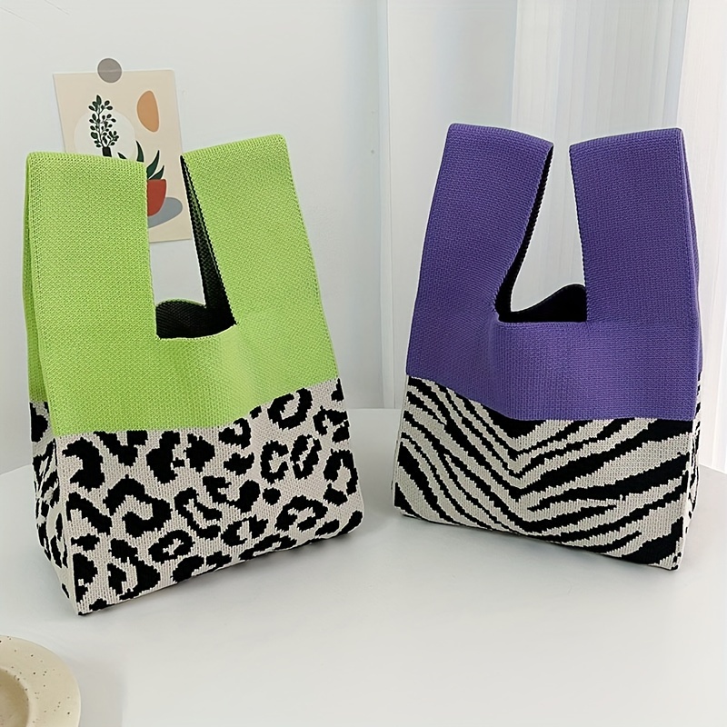 

Leopard Pattern Crochet Bag, Zebra Striped Knitted Handbag, Women's Woven Knotted Tote Wrist Bag