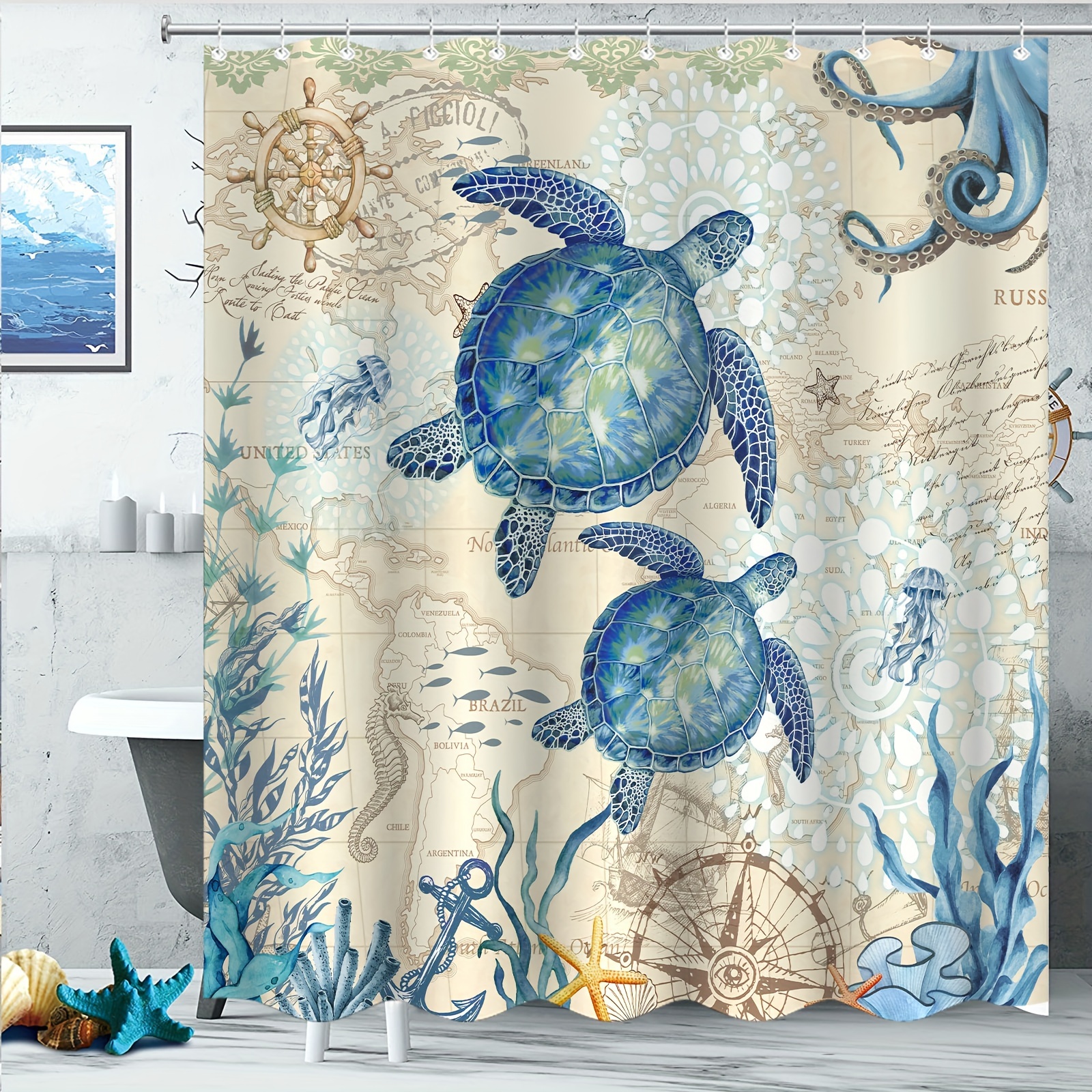 Sea Turtle Octopus Shower Curtain Blue Teal Waterproof - Temu