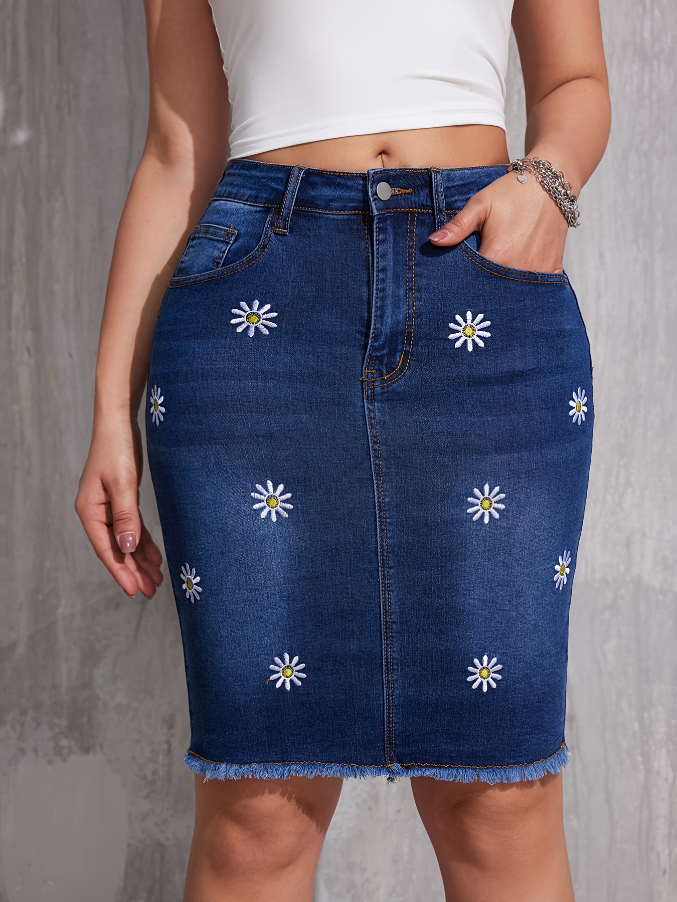 Embroidered denim shop skirt knee length