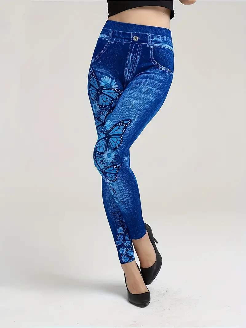 Faux Denim Butterfly Print Tummy Control Butt Lifting Sports Leggings, Yoga  Workout Running Tight Pants, Women's Activewear