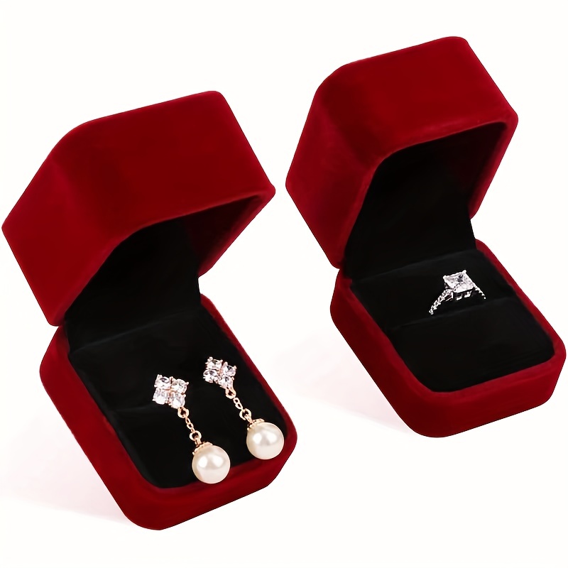 Wine Red Velvet Couple Ring Box Earring Jewelry Case Gift Boxes