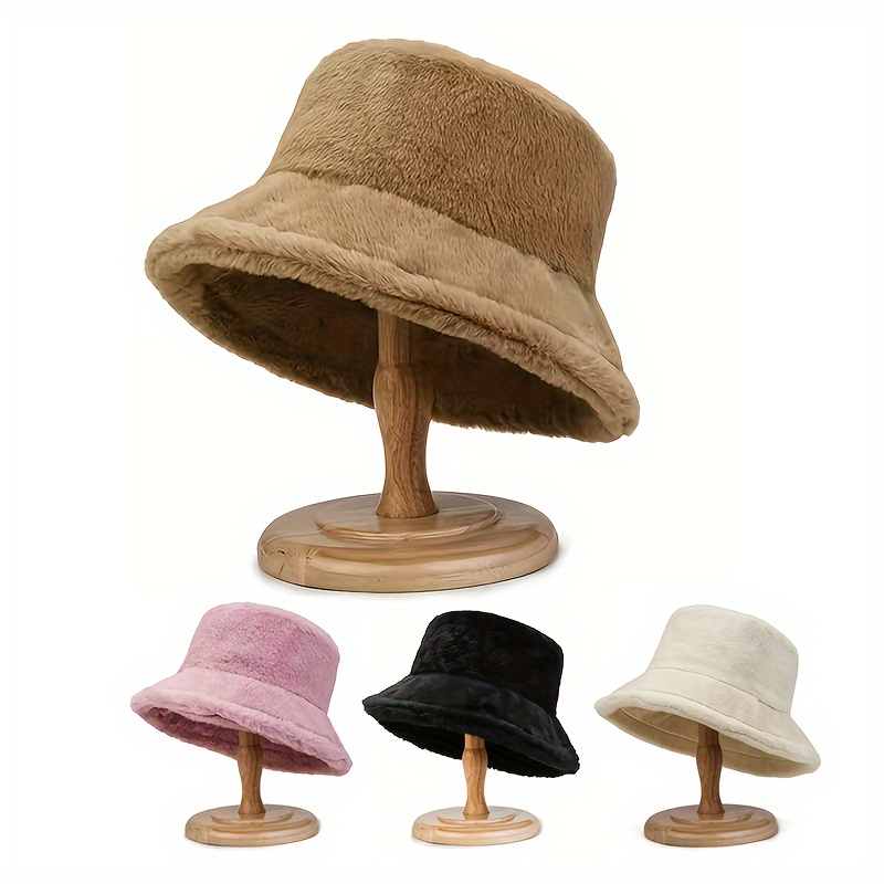 Elegant Warm Fleece Bucket Hat Women Color Block Thick Plush - Temu