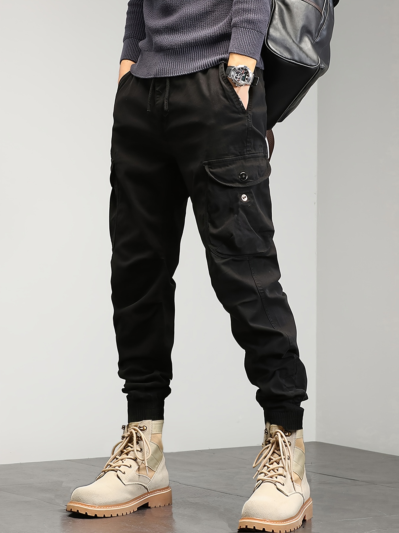 Men's Casual Black Cargo Pants With Zip Up Pockets