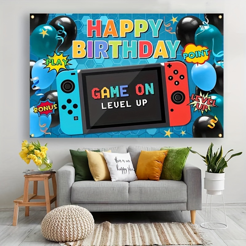 Ensemble de décorations de fête de jeu vidéo, y compris joyeux anniversaire,  toile de fond de jeu, couvertures de table, ballons de joueur