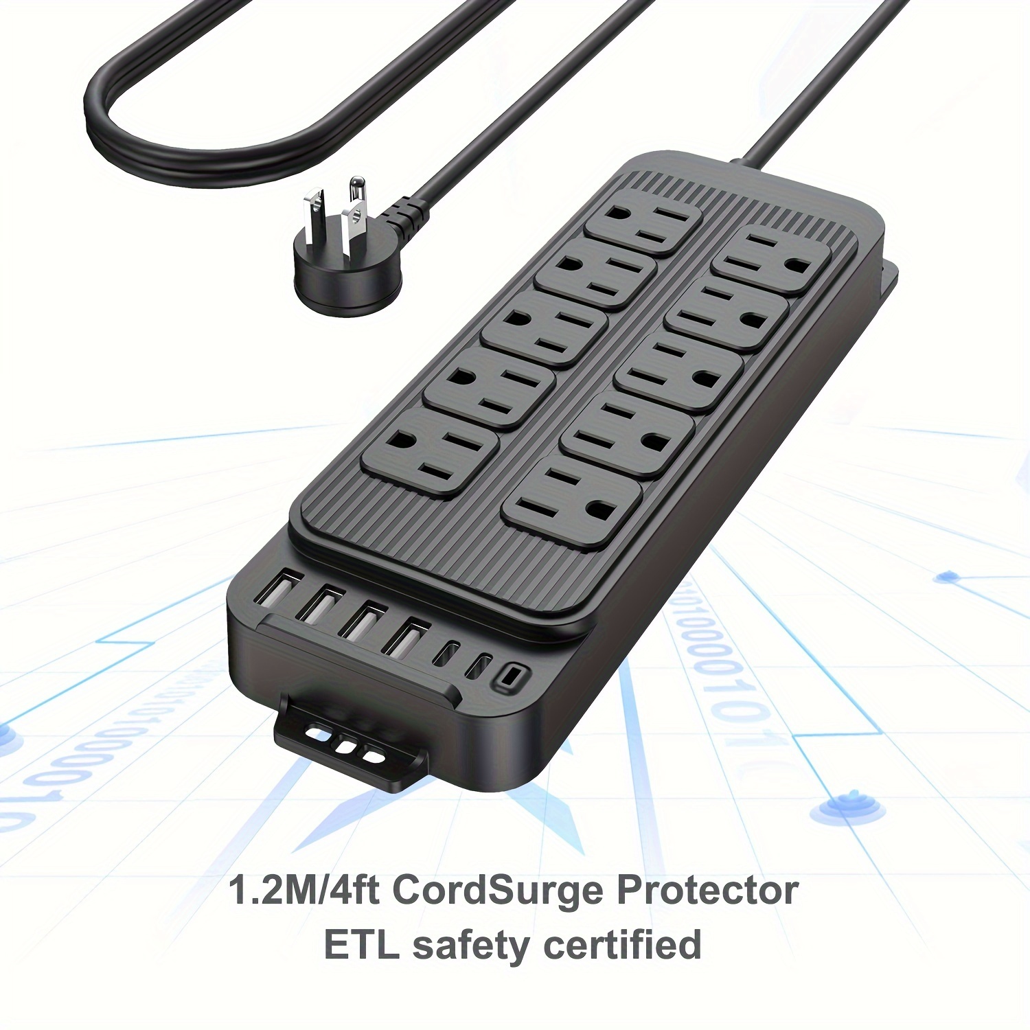 Regleta de alimentación – Cable de extensión de enchufe plano de 10 pies de  largo, 6 tomacorrientes, 3 puertos USB, extensor de salida con protección