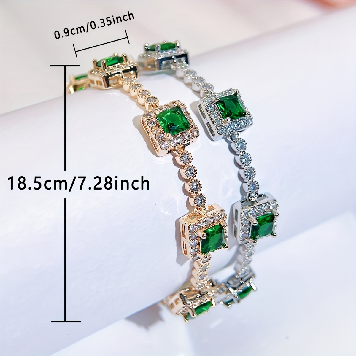 A Beautiful Green Cubic Zirconia Bracelet with a Silvery Golden Fashion Square Charm, Perfect for Women'S Evening Wear