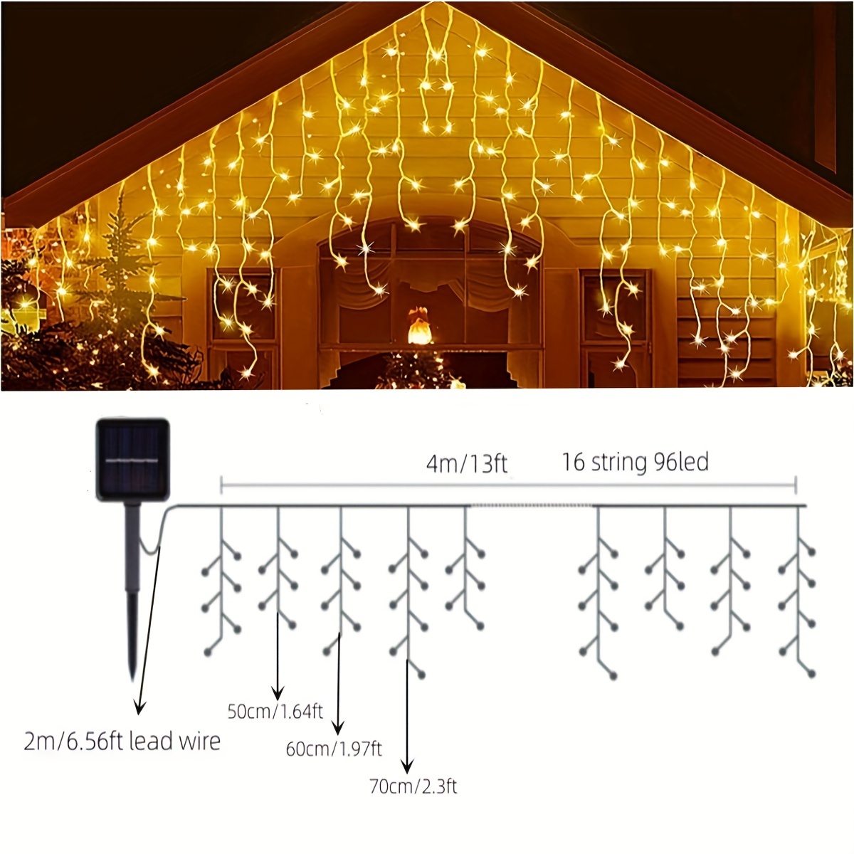 1pc solar led icicle string lights yard light christmas icicle lights window curtain fairy lights for wedding party bedroom garden patio outdoor indoor 4m 13ft 96led halloween christmas decorations details 8