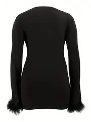 plus size sexy dress womens plus solid fuzzy trim long sleeve deep v neck midi mini dress details 0
