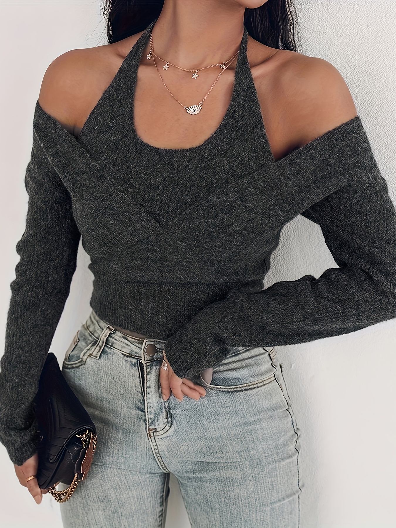 Solid Cold Shoulder Halter Neck Top Casual Long Sleeve Temu