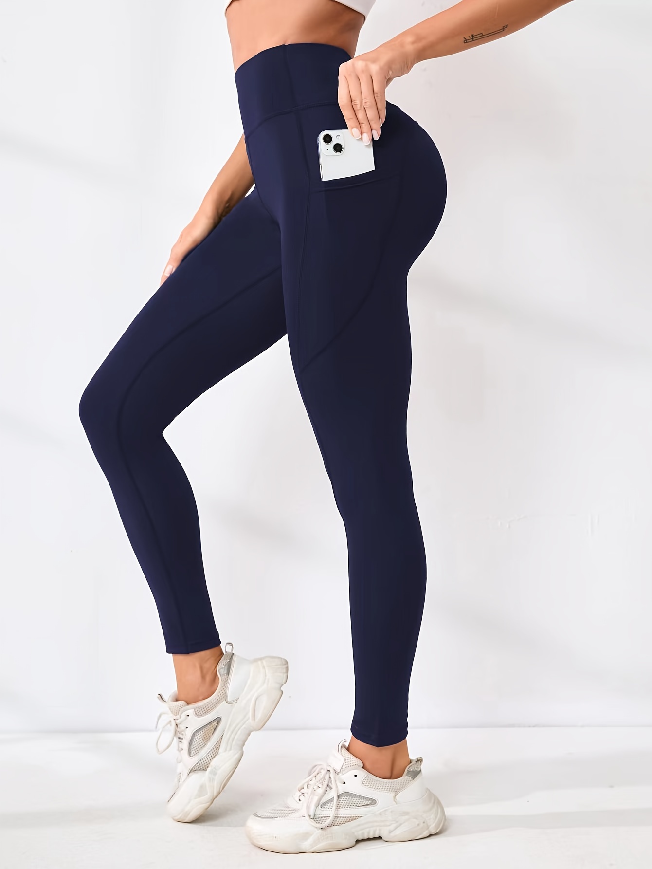 Solid Color Pocket High Waist Stretchy Sports Tight Pants - Temu