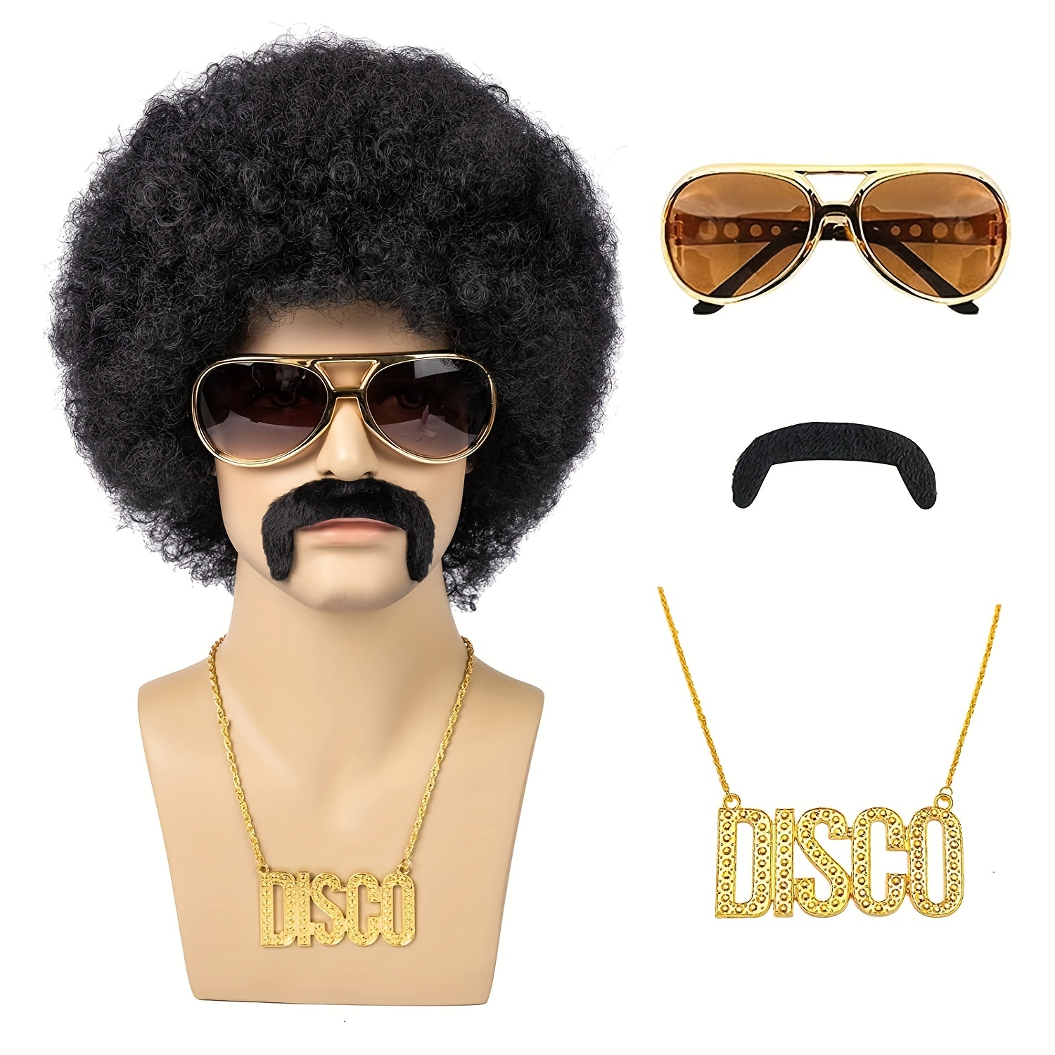

African Wig Men's 5-piece Set (wig, Glasses, Necklace, Beard, Wig Cap) 70s Clothing Wig Disco Natural Short Black Curly Synthetic Hair Wig For Christmas Role-playing Party, Ideal Choice For Gifts