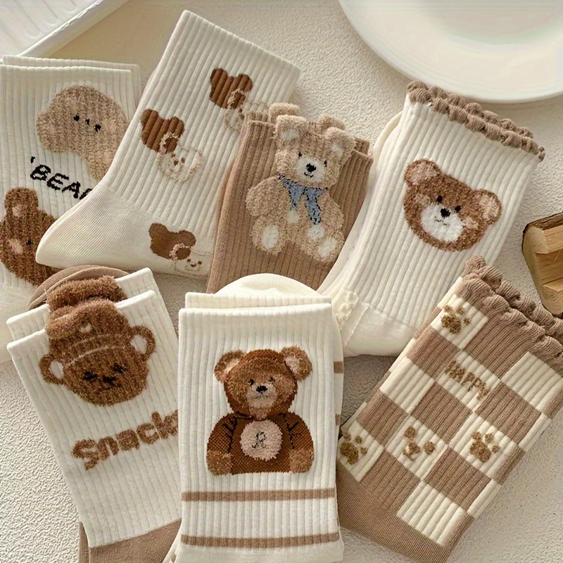 

6 Pairs Teenager's Cartoon Bear Pattern Knitted Socks, Comfy Breathable Soft Crew Socks For Outdoor Wearing