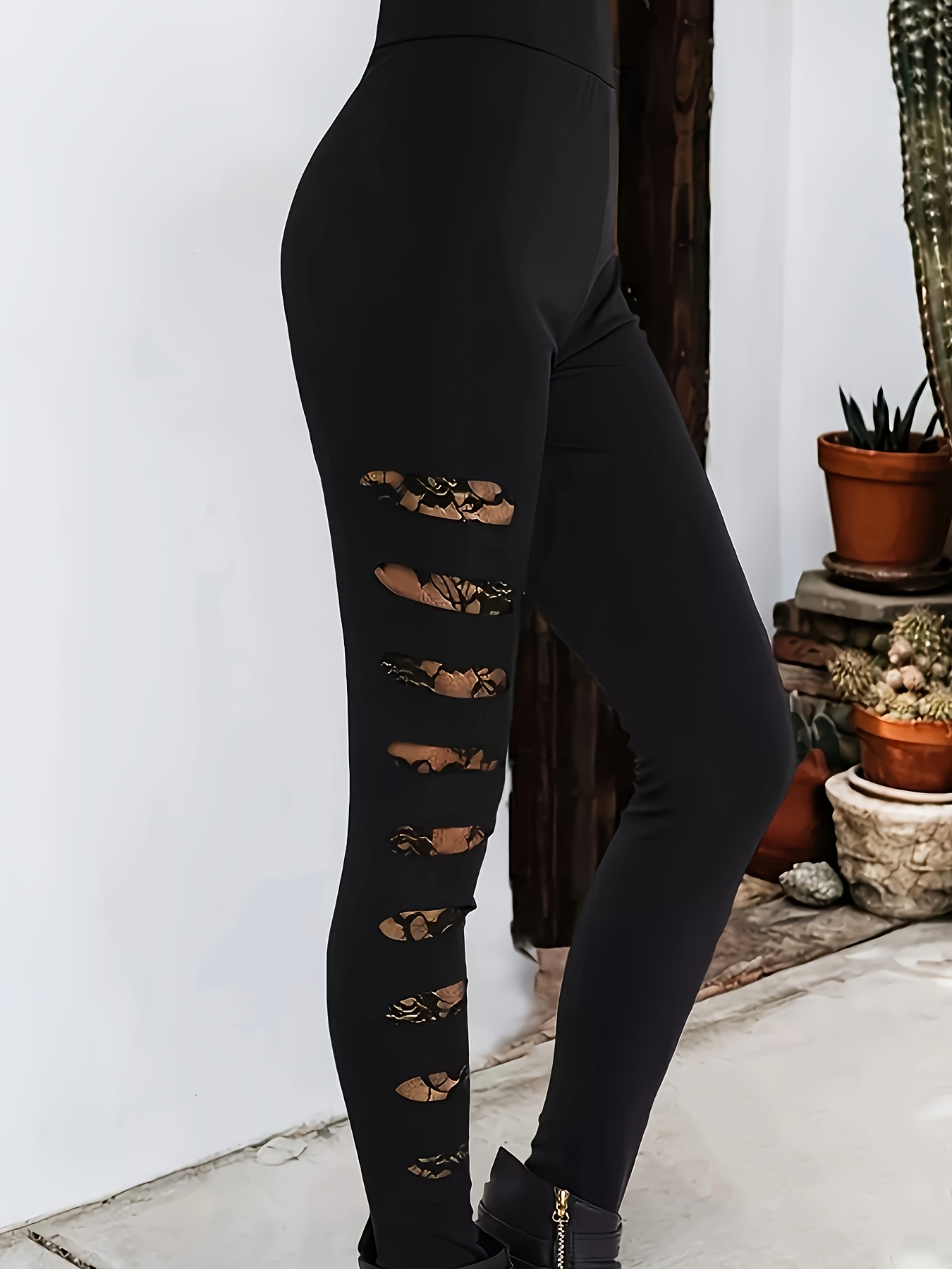 Women's Plus Size Lace Applique Yoga Leggings Cutout Ripped Resilience Soft  Tights Ankle Long Casual Pants at  Women's Clothing store
